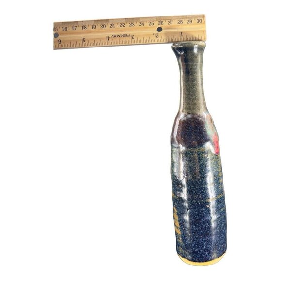 Hand Made Primitive Style Pottery Bottle Vase Artist Signed Drip Glaze Brutalist - Picture 4 of 16